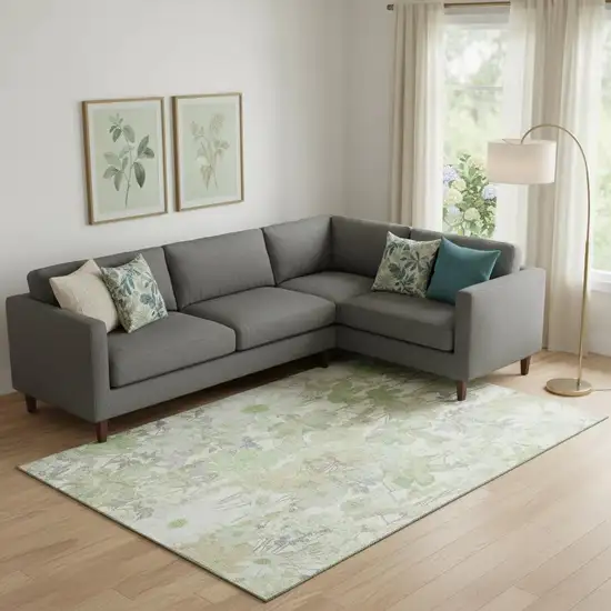 Artichoke Green Ivory And Lavender Floral Washable Area Rug With UV Protection Photo 2