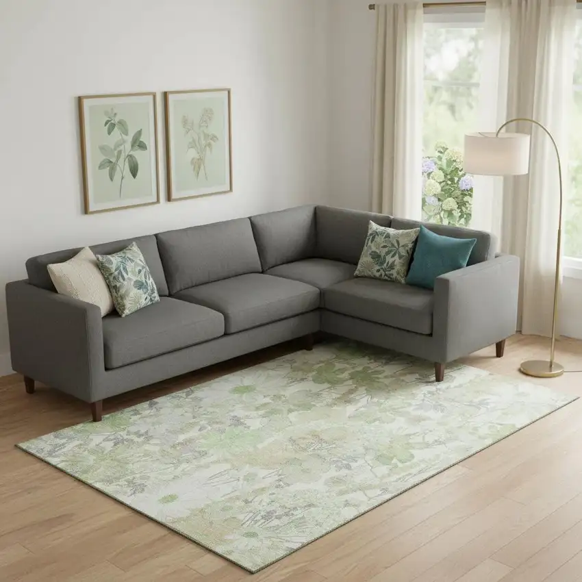 Artichoke Green Ivory And Lavender Floral Washable Area Rug With UV Protection Photo 2