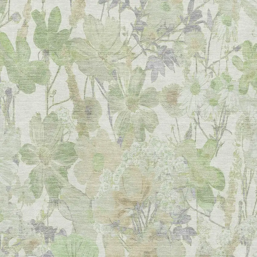 Artichoke Green Ivory And Lavender Floral Washable Area Rug With UV Protection Photo 2