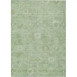 Photo of Artichoke Green Ivory And Mint Green Damask Washable Indoor Outdoor Area Rug