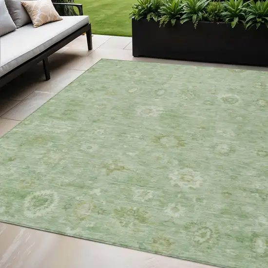 Artichoke Green Ivory And Mint Green Damask Washable Indoor Outdoor Area Rug Photo 2