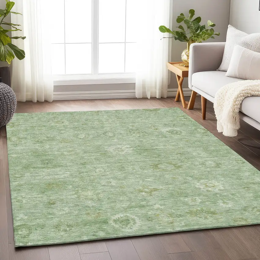 Artichoke Green Ivory And Mint Green Damask Washable Indoor Outdoor Area Rug Photo 6