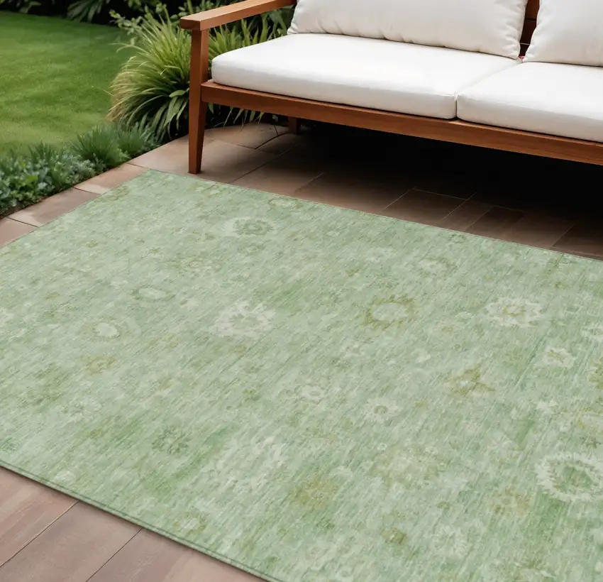 Artichoke Green Ivory And Mint Green Damask Washable Indoor Outdoor Area Rug Photo 2