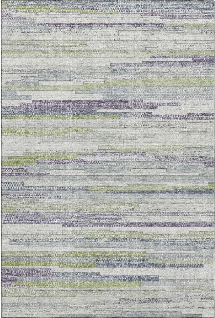 Artichoke Green Ivory And Plum Striped Washable Area Rug With UV Protection Photo 1