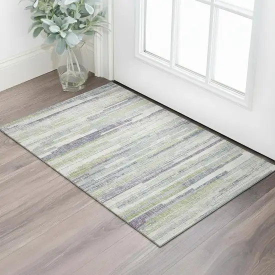 Artichoke Green Ivory And Plum Striped Washable Area Rug With UV Protection Photo 2