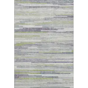 Photo of Artichoke Green Ivory And Plum Striped Washable Area Rug With UV Protection