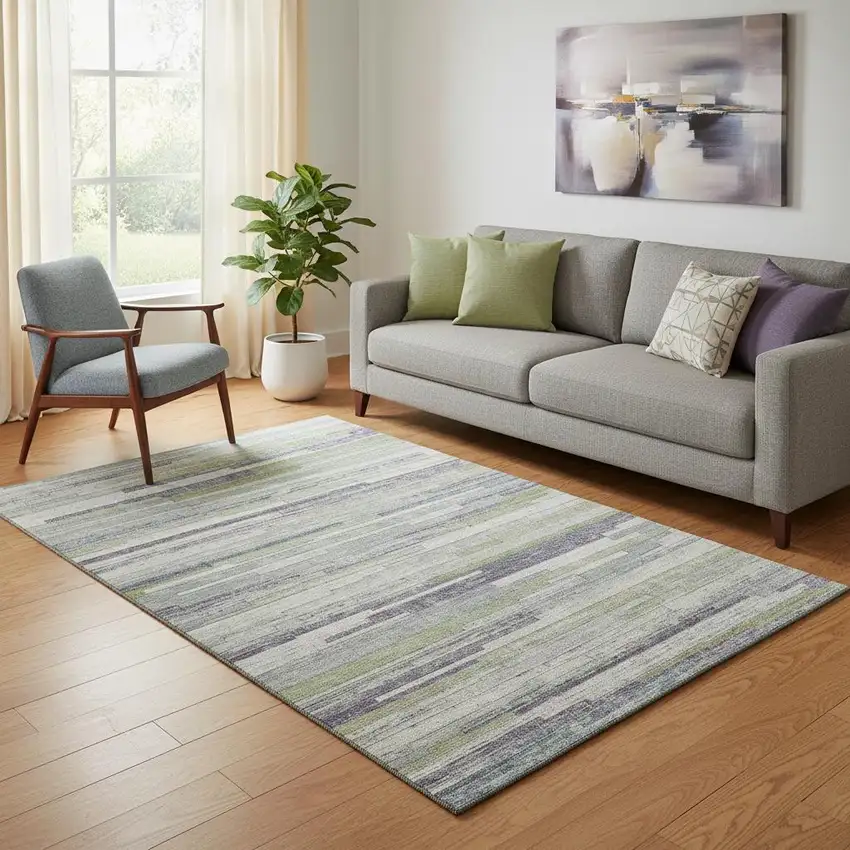 Artichoke Green Ivory And Plum Striped Washable Area Rug With UV Protection Photo 2