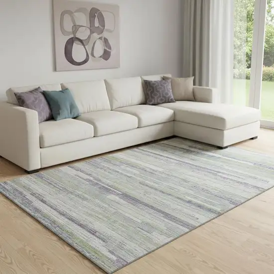 Artichoke Green Ivory And Plum Striped Washable Area Rug With UV Protection Photo 2