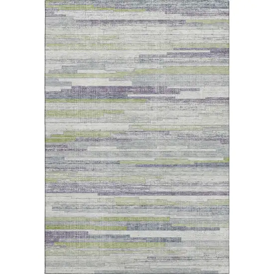Artichoke Green Ivory And Plum Striped Washable Area Rug With UV Protection Photo 1