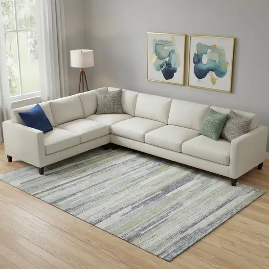 Artichoke Green Ivory And Plum Striped Washable Area Rug With UV Protection Photo 2