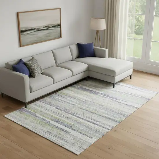 Artichoke Green Ivory And Plum Striped Washable Area Rug With UV Protection Photo 2