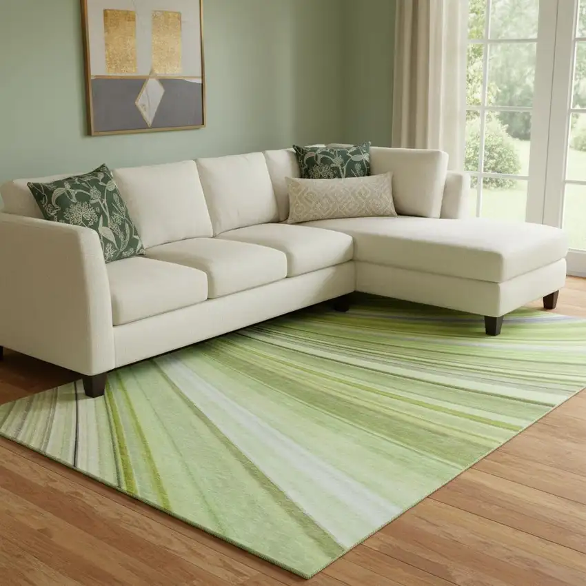 Artichoke Green Ivory And Purple Abstract Washable Area Rug With UV Protection Photo 1