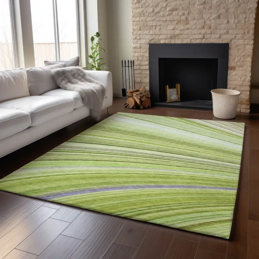 Artichoke Green Ivory And Purple Abstract Washable Area Rug With UV Protection Photo 4