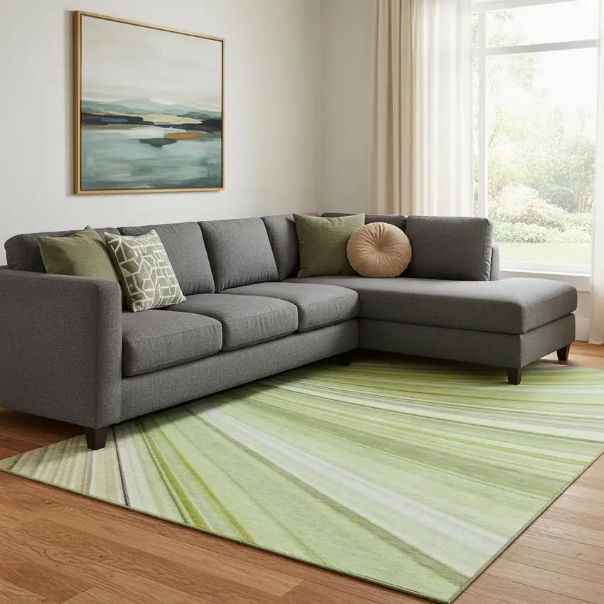 Artichoke Green Ivory And Purple Abstract Washable Area Rug With UV Protection Photo 1