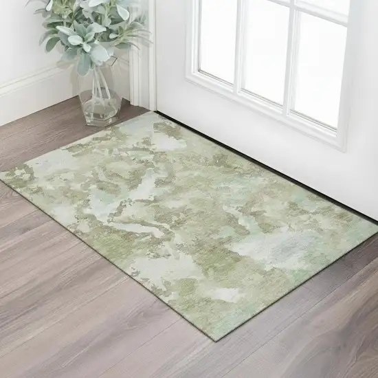 Artichoke Green Ivory And Sage Abstract Washable Area Rug With UV Protection Photo 2