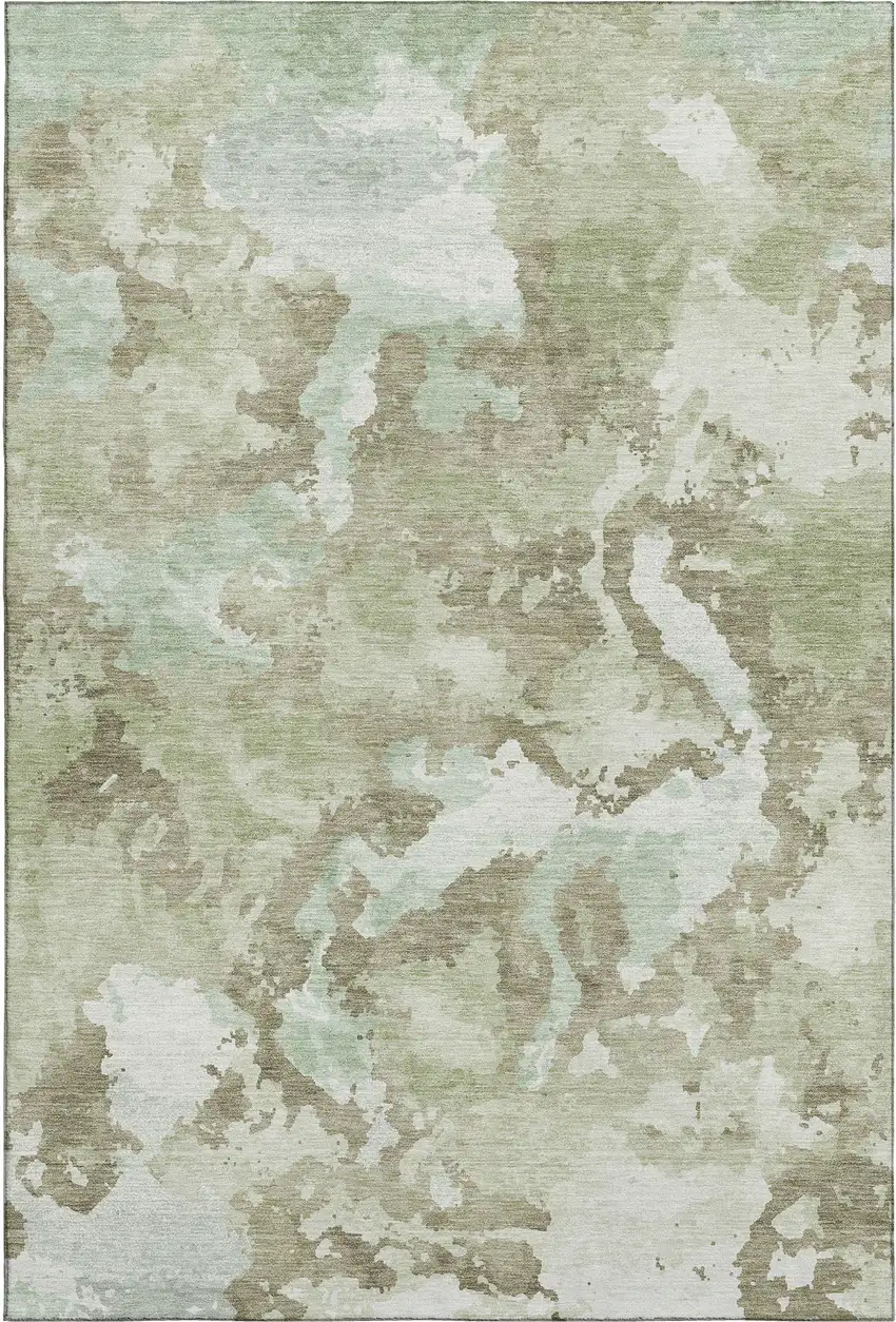 Artichoke Green Ivory And Sage Abstract Washable Area Rug With UV Protection Photo 1