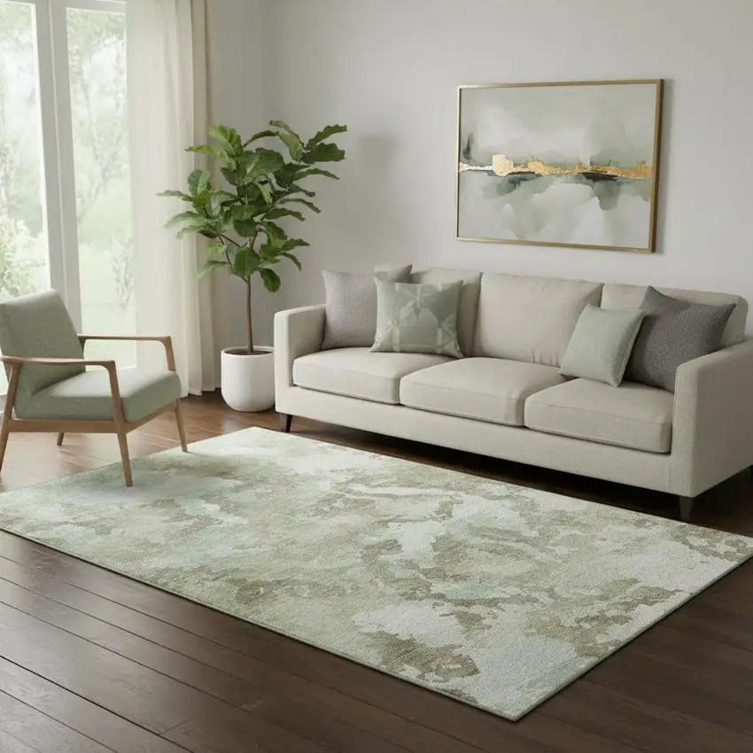 Artichoke Green Ivory And Sage Abstract Washable Area Rug With UV Protection Photo 2