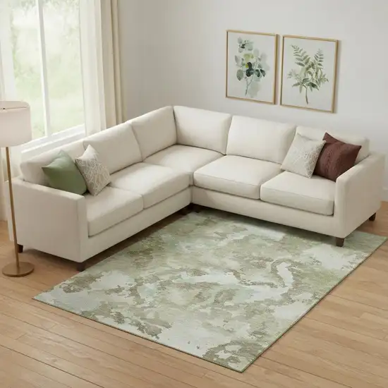 Artichoke Green Ivory And Sage Abstract Washable Area Rug With UV Protection Photo 2