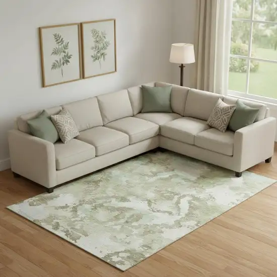 Artichoke Green Ivory And Sage Abstract Washable Area Rug With UV Protection Photo 2