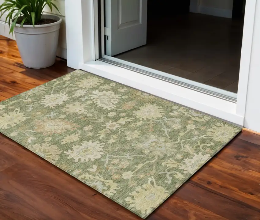 Artichoke Green Ivory And Tan Floral Washable Indoor Outdoor Area Rug Photo 1