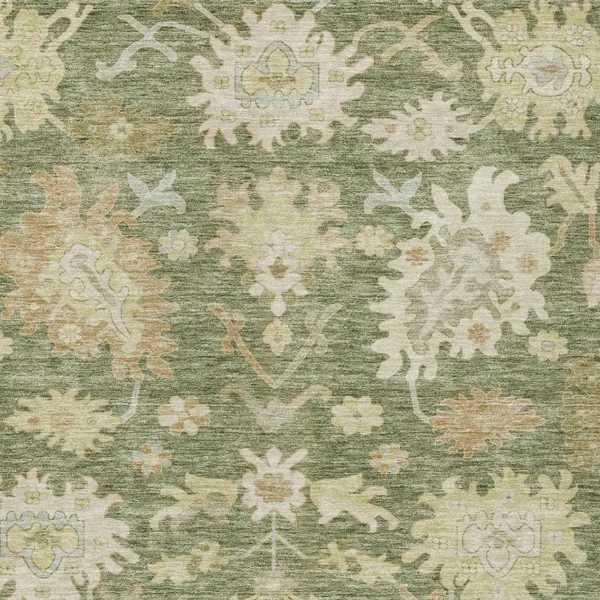 Artichoke Green Ivory And Tan Floral Washable Indoor Outdoor Area Rug Photo 6