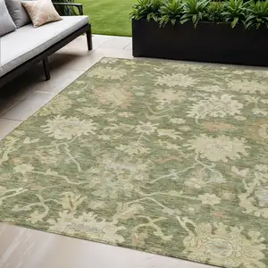 Photo of Artichoke Green Ivory And Tan Floral Washable Indoor Outdoor Area Rug