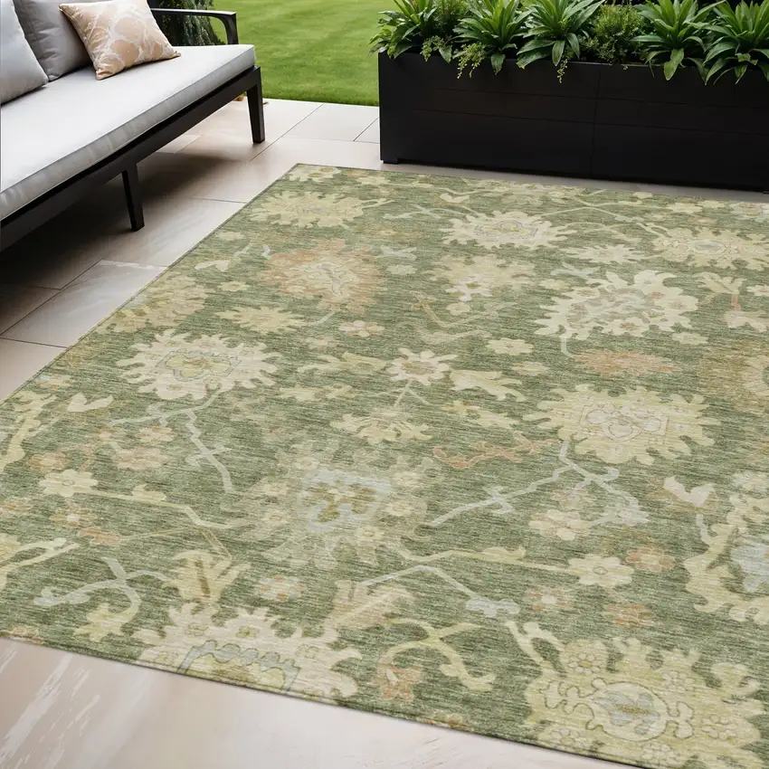 Artichoke Green Ivory And Tan Floral Washable Indoor Outdoor Area Rug Photo 1