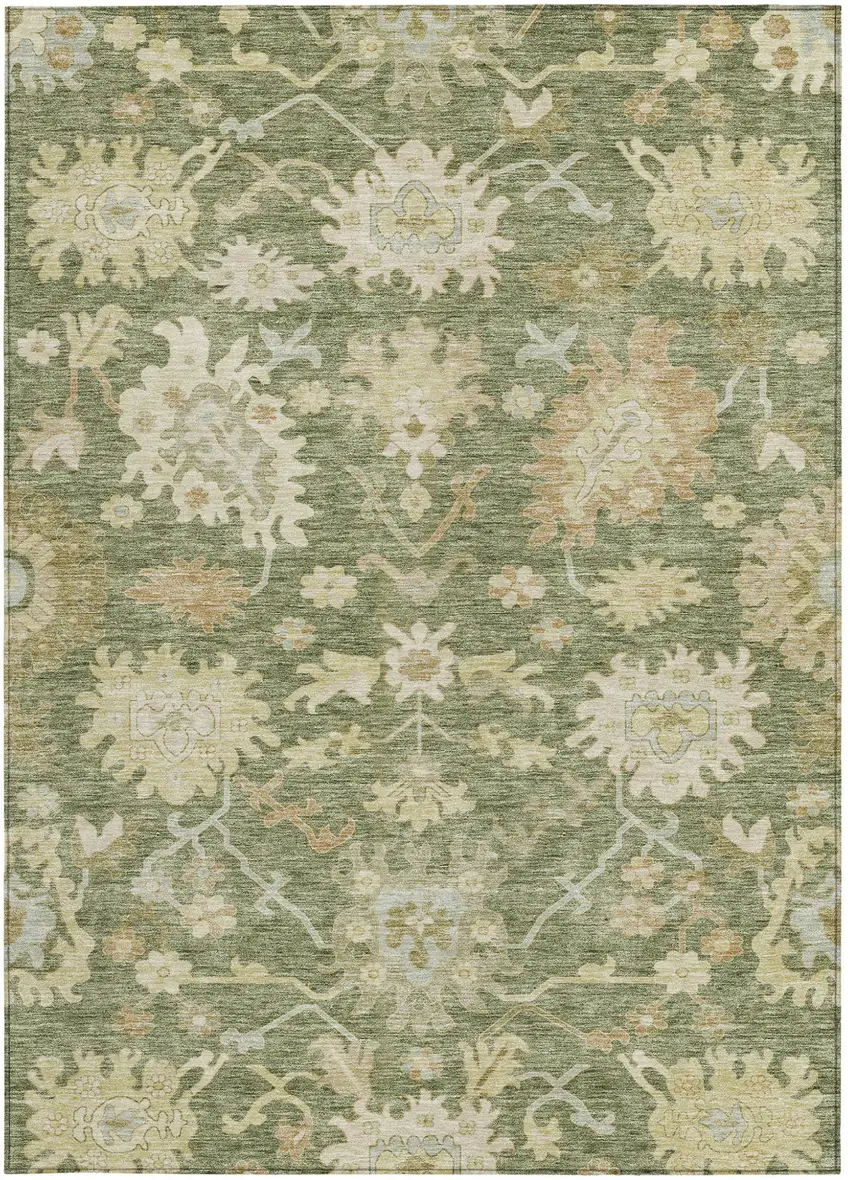 Artichoke Green Ivory And Tan Floral Washable Indoor Outdoor Area Rug Photo 7