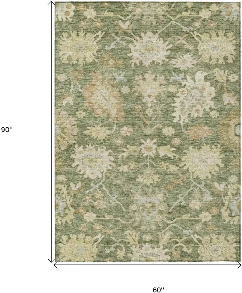 Artichoke Green Ivory And Tan Floral Washable Indoor Outdoor Area Rug Photo 8