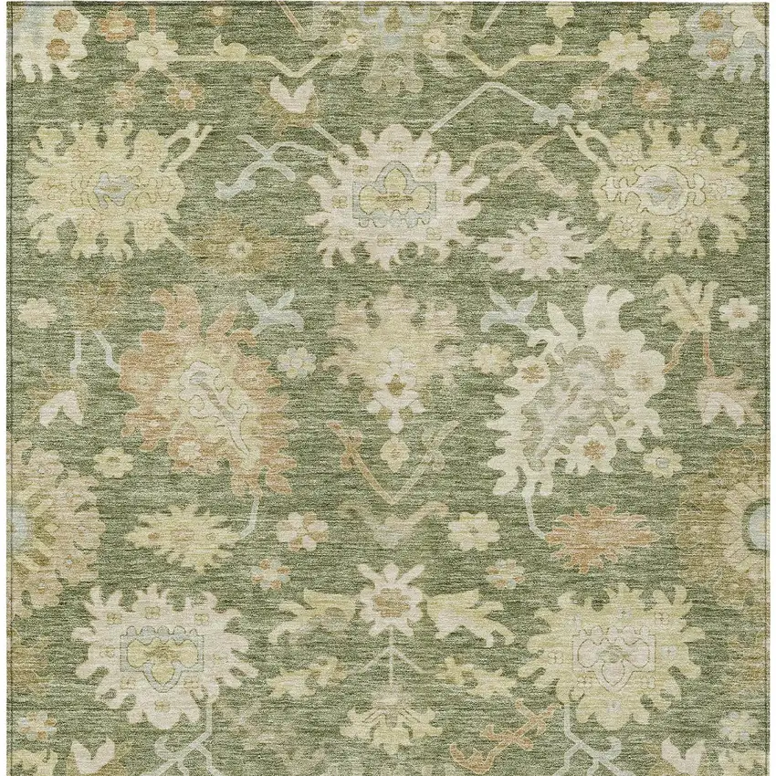 Artichoke Green Ivory And Tan Floral Washable Indoor Outdoor Area Rug Photo 7