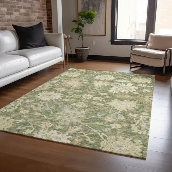 Artichoke Green Ivory And Tan Floral Washable Indoor Outdoor Area Rug Photo 9