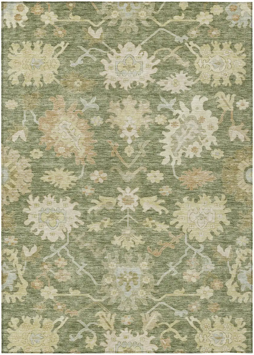 Artichoke Green Ivory And Tan Floral Washable Indoor Outdoor Area Rug Photo 2