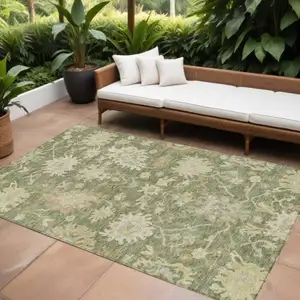 Photo of Artichoke Green Ivory And Tan Floral Washable Indoor Outdoor Area Rug