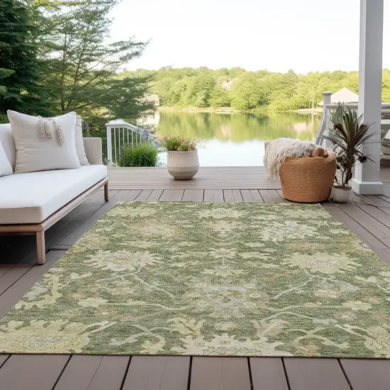 Artichoke Green Ivory And Tan Floral Washable Indoor Outdoor Area Rug Photo 8