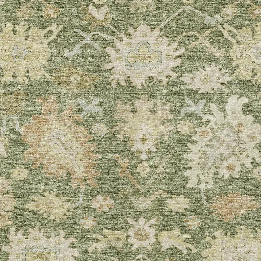 Artichoke Green Ivory And Tan Floral Washable Indoor Outdoor Area Rug Photo 6