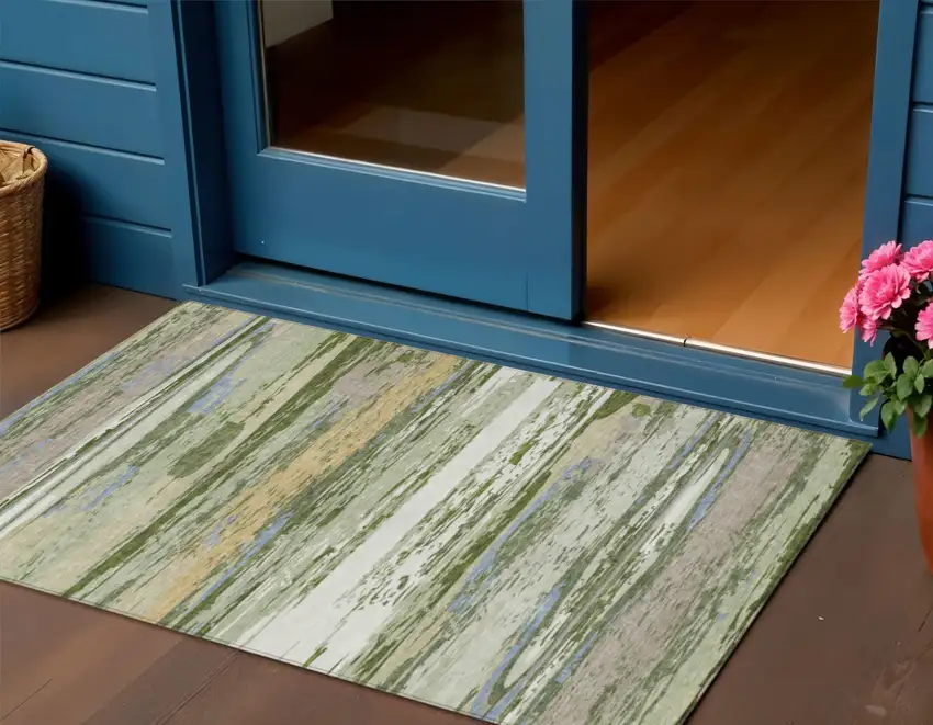 Artichoke Green Ivory And Tan Striped Washable Indoor Outdoor Area Rug Photo 1