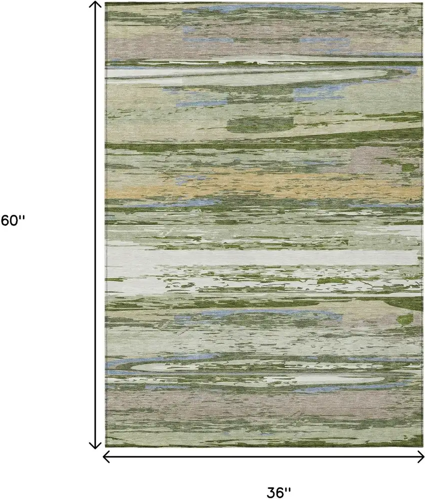 Artichoke Green Ivory And Tan Striped Washable Indoor Outdoor Area Rug Photo 3