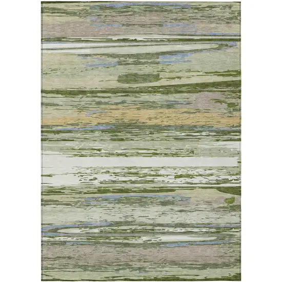 Artichoke Green Ivory And Tan Striped Washable Indoor Outdoor Area Rug Photo 2