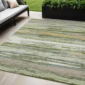 Photo of Artichoke Green Ivory And Tan Striped Washable Indoor Outdoor Area Rug
