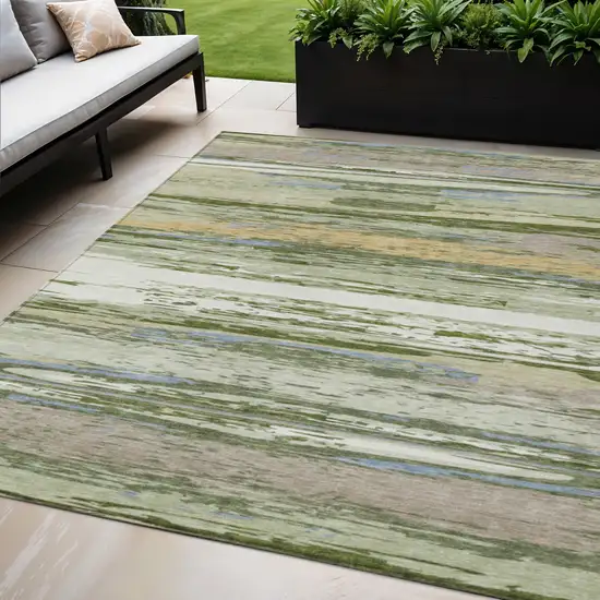 Artichoke Green Ivory And Tan Striped Washable Indoor Outdoor Area Rug Photo 1