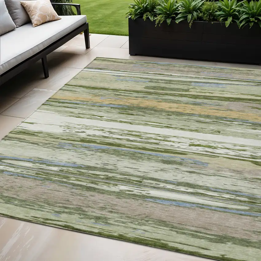 Artichoke Green Ivory And Tan Striped Washable Indoor Outdoor Area Rug Photo 1