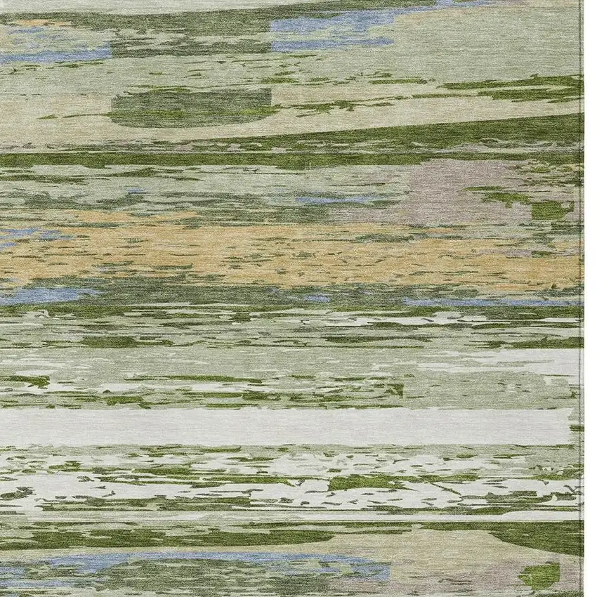 Artichoke Green Ivory And Tan Striped Washable Indoor Outdoor Area Rug Photo 4