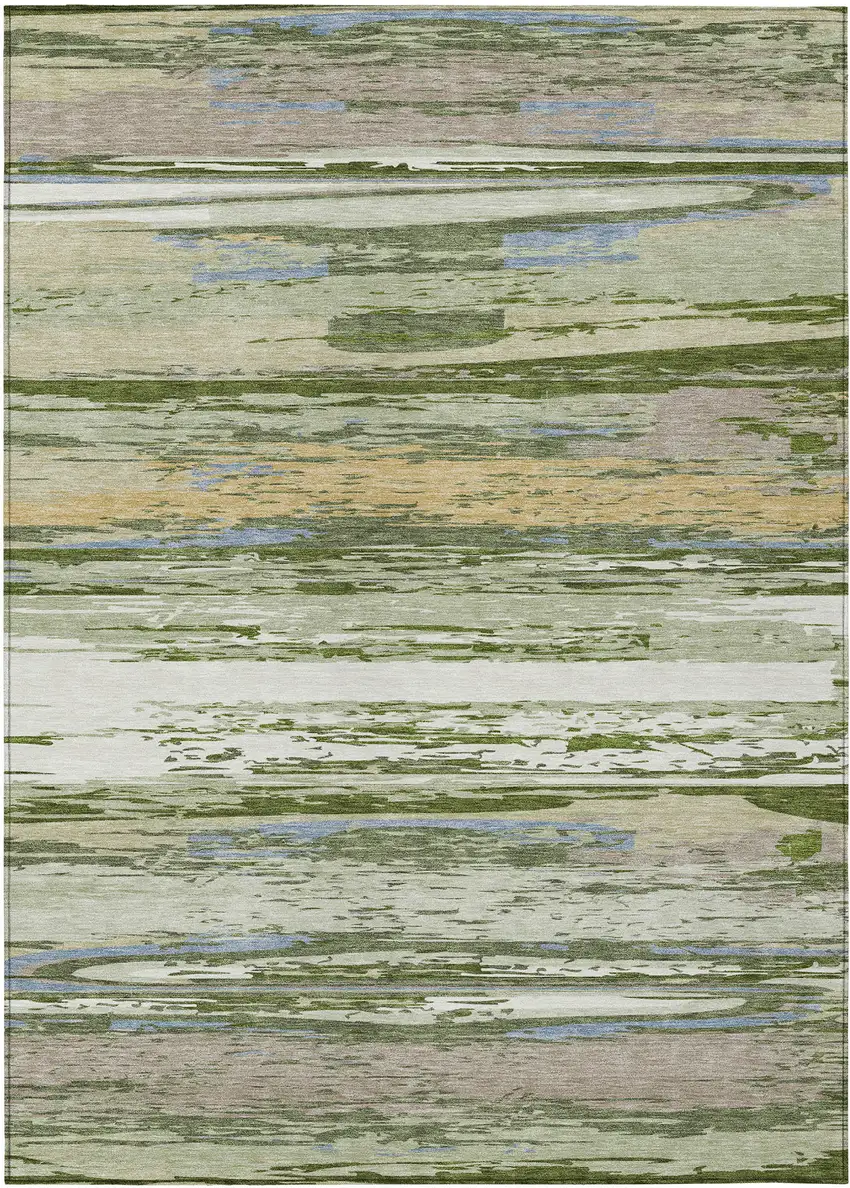 Artichoke Green Ivory And Tan Striped Washable Indoor Outdoor Area Rug Photo 2