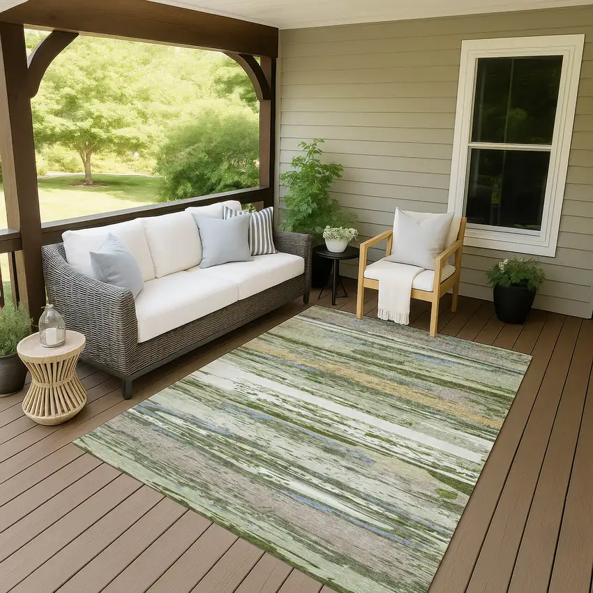 Artichoke Green Ivory And Tan Striped Washable Indoor Outdoor Area Rug Photo 9
