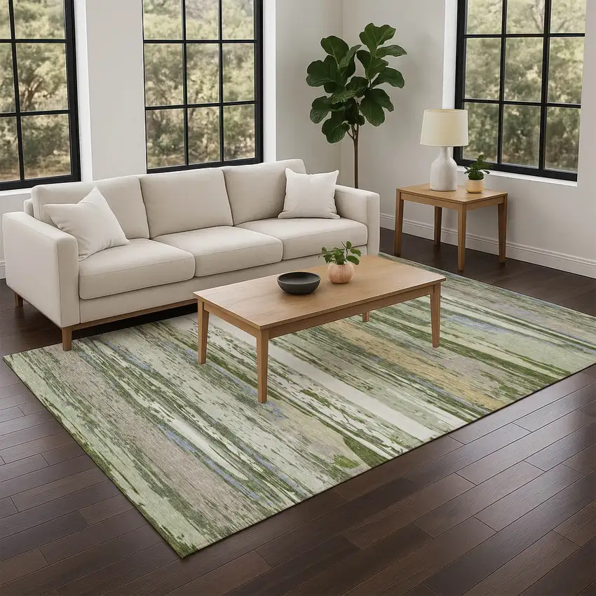 Artichoke Green Ivory And Tan Striped Washable Indoor Outdoor Area Rug Photo 8