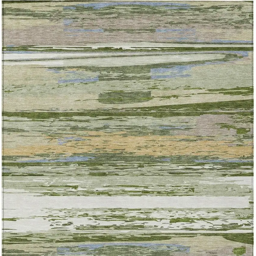 Artichoke Green Ivory And Tan Striped Washable Indoor Outdoor Area Rug Photo 4