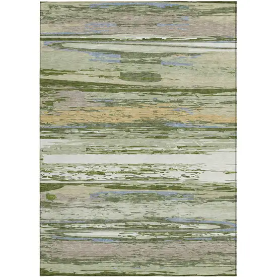 Artichoke Green Ivory And Tan Striped Washable Indoor Outdoor Area Rug Photo 4