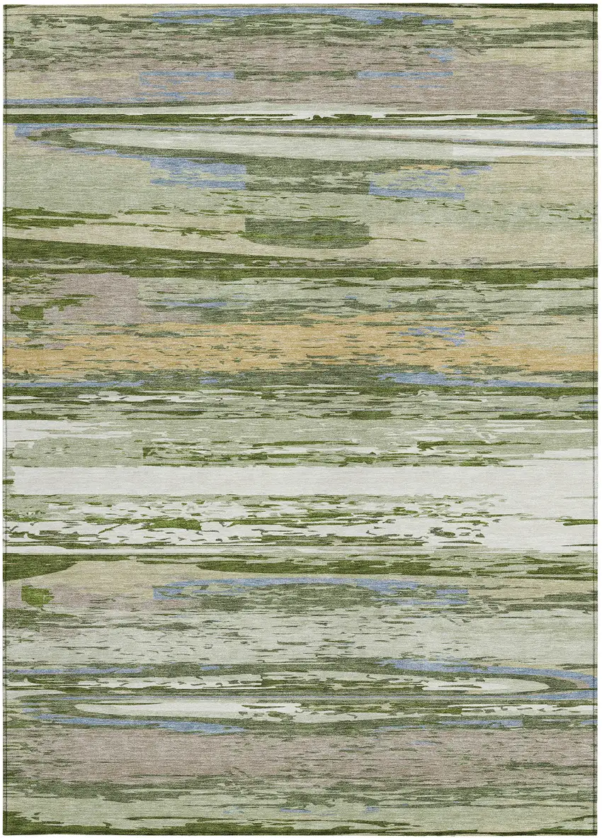 Artichoke Green Ivory And Tan Striped Washable Indoor Outdoor Area Rug Photo 4