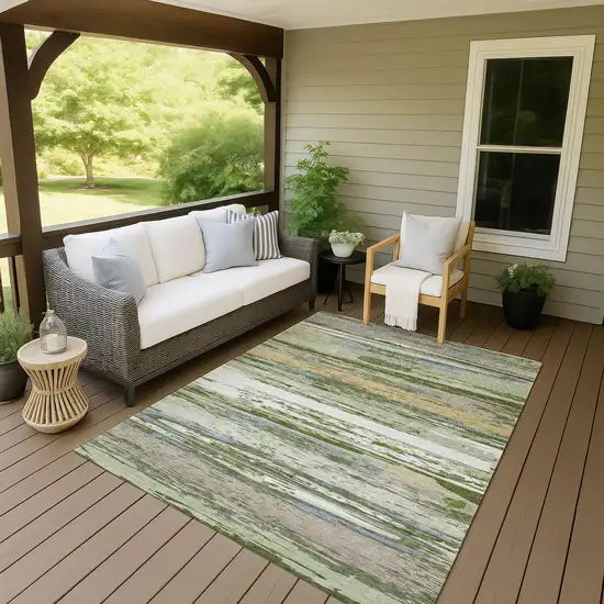 Artichoke Green Ivory And Tan Striped Washable Indoor Outdoor Area Rug Photo 9