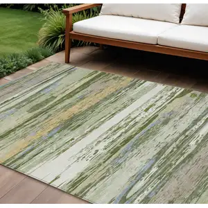 Photo of Artichoke Green Ivory And Tan Striped Washable Indoor Outdoor Area Rug